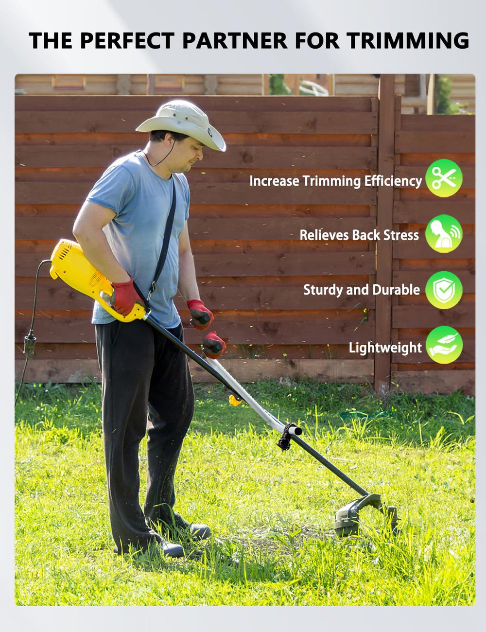 Yehenarn estilo de vida exterior con operador usando la desbrozadora ergonómica