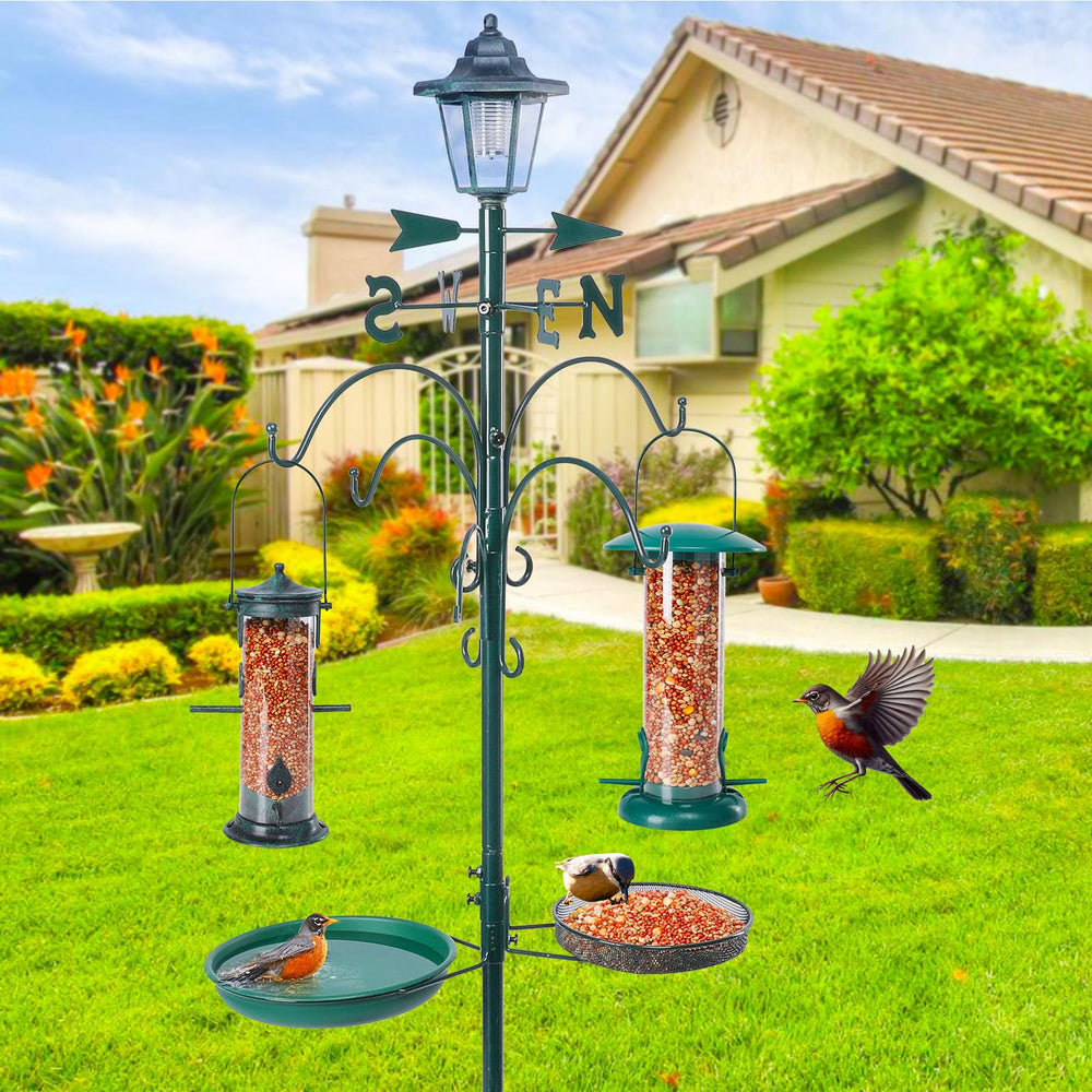Yinns comedero tubular en primer plano con semillas, diseñado para aves pequeñas