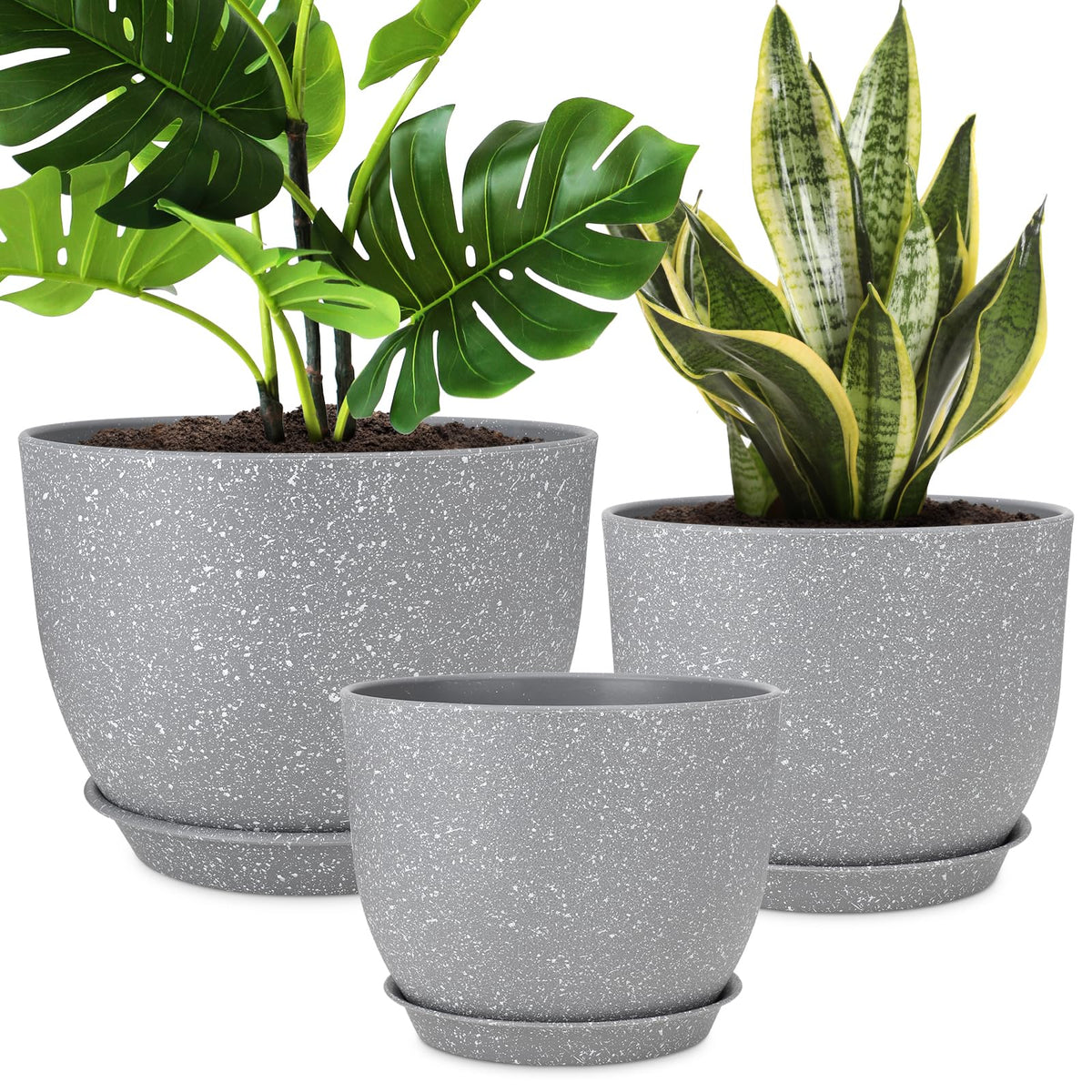 YNNICO maceta frontal set 3 gris mostrando diseño moderno y ahorro de espacio
