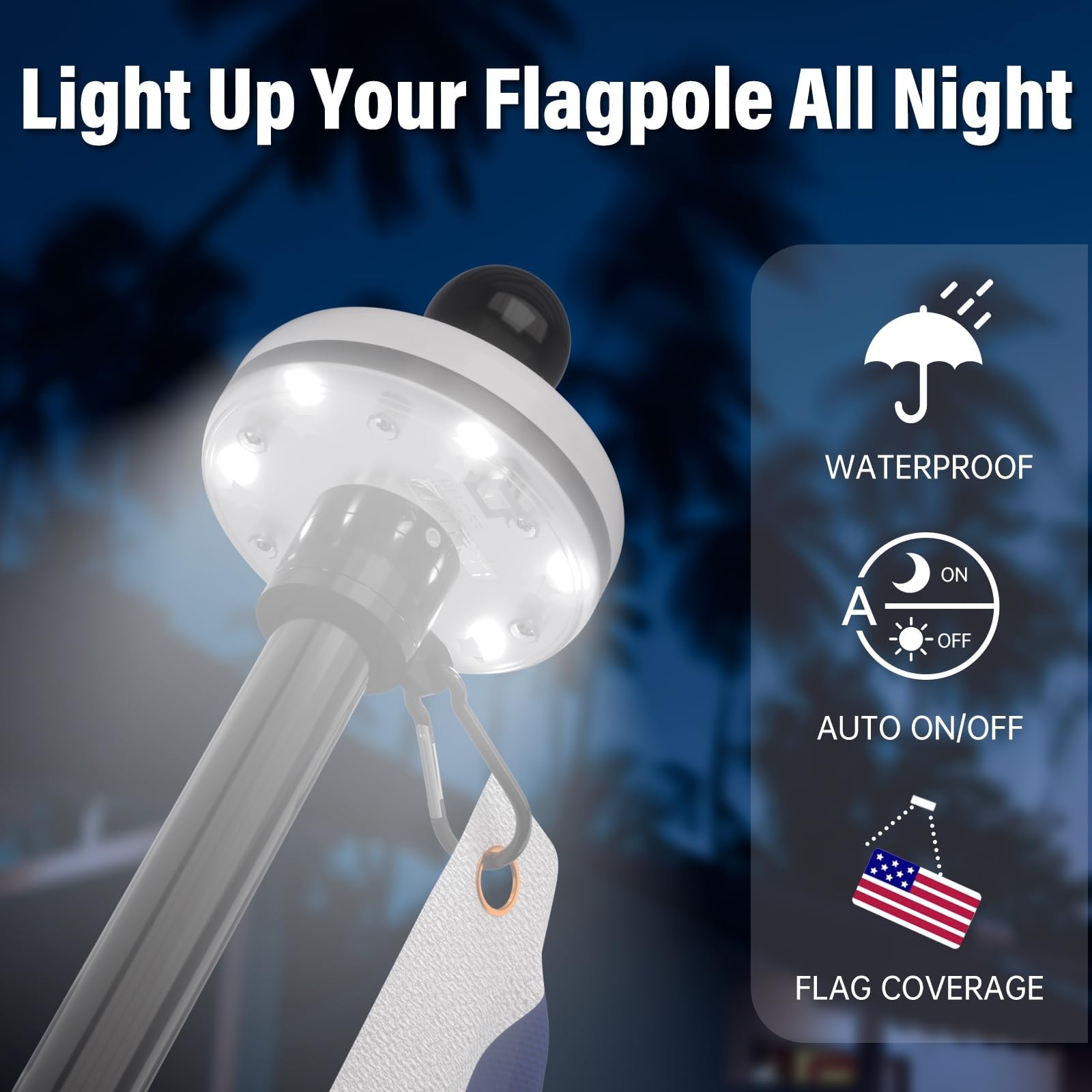 ZMTECH foco solar integrado iluminando bandera por la noche